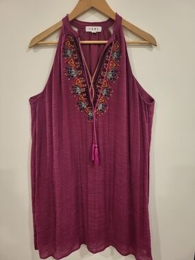 THML Boho Embroidered Halter Dress Magenta Tassel Tie Size L Sleeveless A-Line